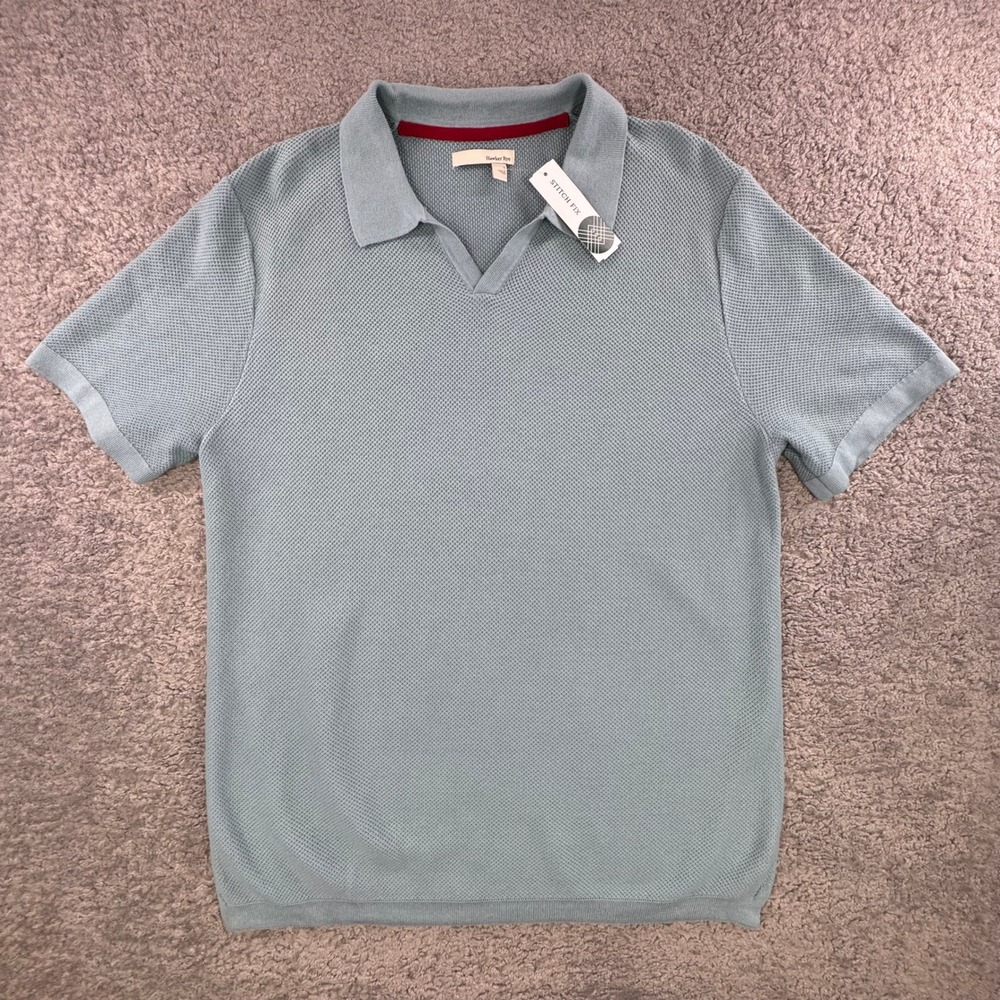 Hawker Rye Mens Pique Sweater Polo Tourmaline Blue Johnny Collar Cotton L NEW